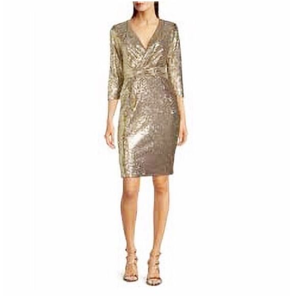 CALVIN KLEIN Gold Sequin Cocktail Dress Knee Length Faux Wrap Party Size 4 6 New - Picture 1 of 10